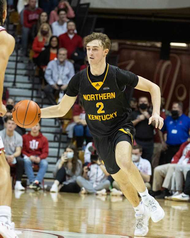 Dec 22, 2021; Bloomington, Indiana, USA; Northern Kentucky Norse guard Sam Vinson (2) dribbles the ball in the second half against the Indiana Hoosiers at Simon Skjodt Assembly Hall. Mandatory Credit: Trevor Ruszkowski-USA TODAY Sports